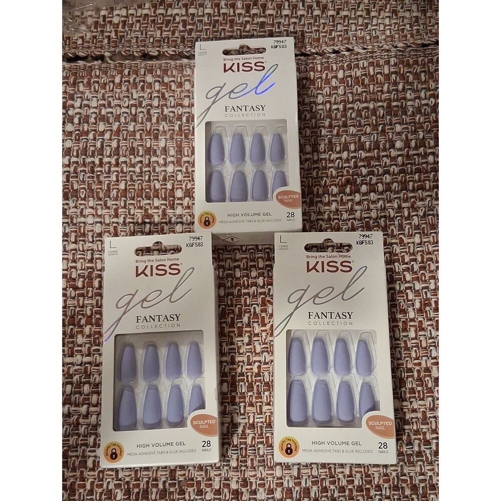 3 KISS Gel Fantasy Lavender Long Length Nails With Adhesive Tags/Glue